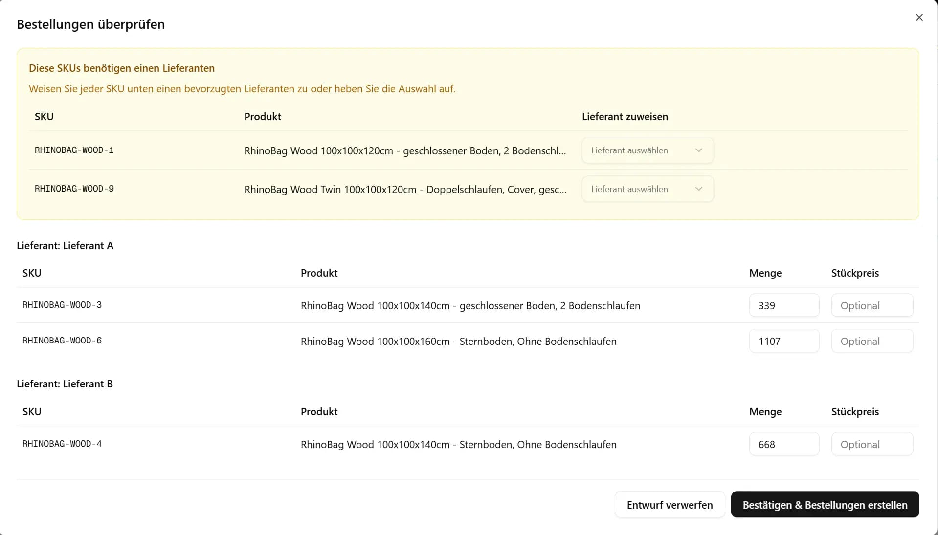 restockr Purchase Order Erstellung mit Mengenvorschlägen und Lieferantenauswahl